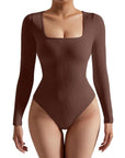 Flash Sales - Ribbed Square Neck Bodysuit - Long Sleeve - SUUKSESS