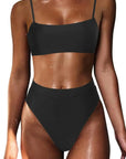 MOSHENGQI Women High Wasited Bikini Shoulder Strap 2 Piece High Cut String Swimsuits-Swimwear-SUUKSESS-Black-S-SUUKSESS
