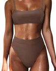 MOSHENGQI Women High Wasited Bikini Shoulder Strap 2 Piece High Cut String Swimsuits-Swimwear-SUUKSESS-Cocoa Brown-S-SUUKSESS