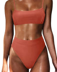 MOSHENGQI Women High Wasited Bikini Shoulder Strap 2 Piece High Cut String Swimsuits-Swimwear-SUUKSESS-Coral Pink-S-SUUKSESS