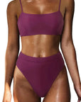 MOSHENGQI Women High Wasited Bikini Shoulder Strap 2 Piece High Cut String Swimsuits-Swimwear-SUUKSESS-Wine Red-S-SUUKSESS