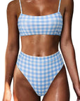 MOSHENGQI Women High Wasited Bikini Shoulder Strap 2 Piece High Cut String Swimsuits-Swimwear-SUUKSESS-Blue Gingham-S-SUUKSESS