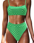 MOSHENGQI Women High Wasited Bikini Shoulder Strap 2 Piece High Cut String Swimsuits-Swimwear-SUUKSESS-Neon Green Gingham-S-SUUKSESS