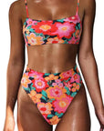 MOSHENGQI Women High Wasited Bikini Shoulder Strap 2 Piece High Cut String Swimsuits-Swimwear-SUUKSESS-Retro Colorful Floral-S-SUUKSESS