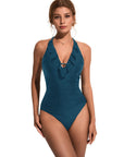 Ruffle Tummy Sexy Halter One Piece Swimsuits-SUUKSESS-Peacock-S-SUUKSESS