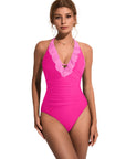 Ruffle Tummy Sexy Halter One Piece Swimsuits-SUUKSESS-Pink Color Block-S-SUUKSESS