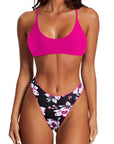 Reversible String Waisted Thong Bikini Set-SUUKSESS-Pink Black Floral-S-SUUKSESS