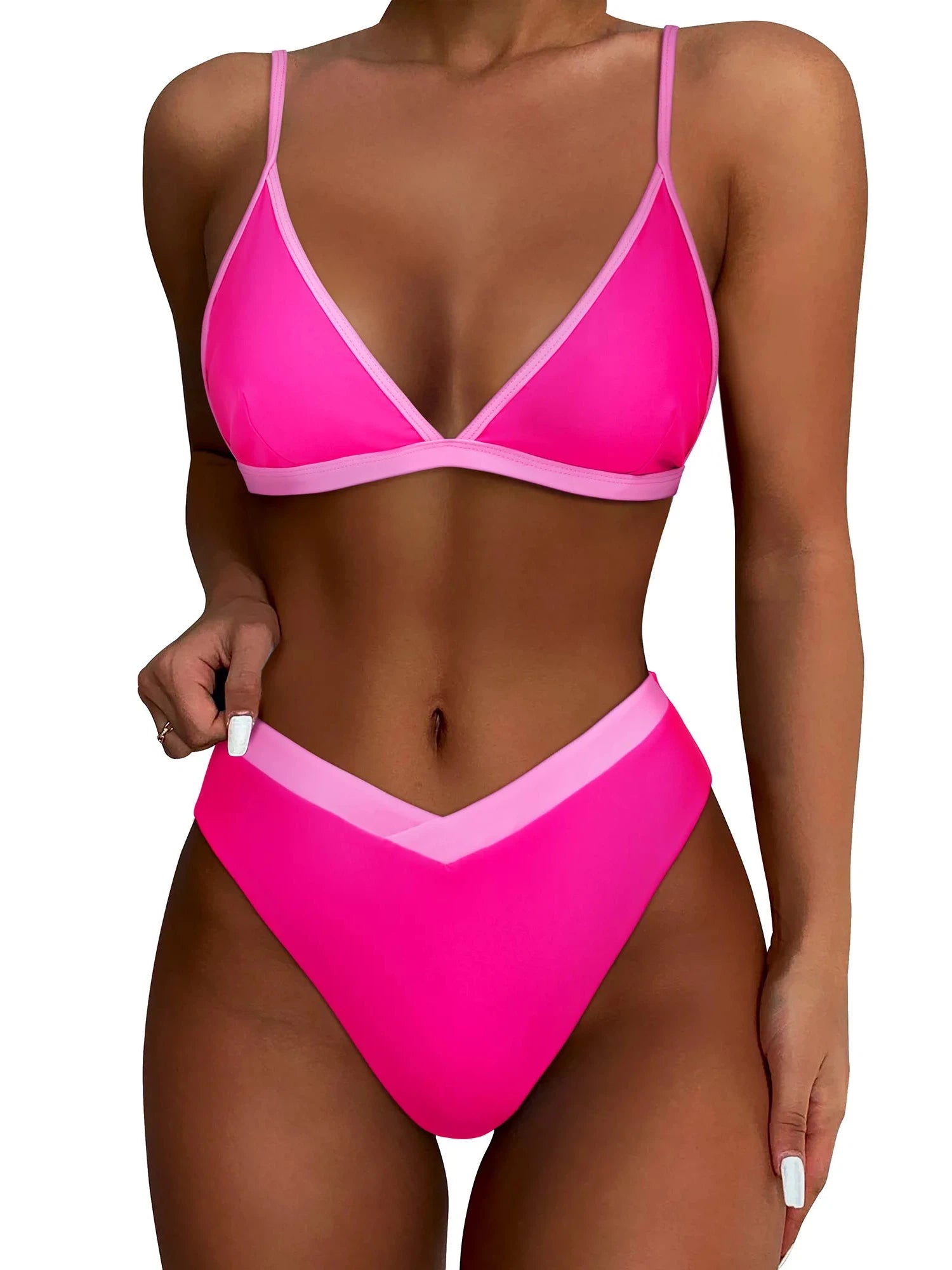 Triangle Bikini High-Waisted Swimsuit Sets-Swimwear-SUUKSESS-Pink Color Block-S-SUUKSESS