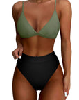 SUUKSESS Women Sexy High Waisted 2 Piece Bikini Sets Triangle High Cut Swimsuits-SUUKSESS-Army Green Black-S-SUUKSESS