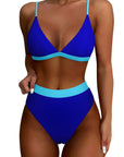 SUUKSESS Women Sexy High Waisted 2 Piece Bikini Sets Triangle High Cut Swimsuits-SUUKSESS-Blue Color Block-S-SUUKSESS