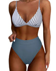SUUKSESS Women Sexy High Waisted 2 Piece Bikini Sets Triangle High Cut Swimsuits-SUUKSESS-Black White Striped Blue-S-SUUKSESS