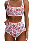 SUUKSESS Women High Waisted Bikini Set Floral Print Color Block 2 Piece Swimsuit-SUUKSESS-Orange Floral-S-SUUKSESS