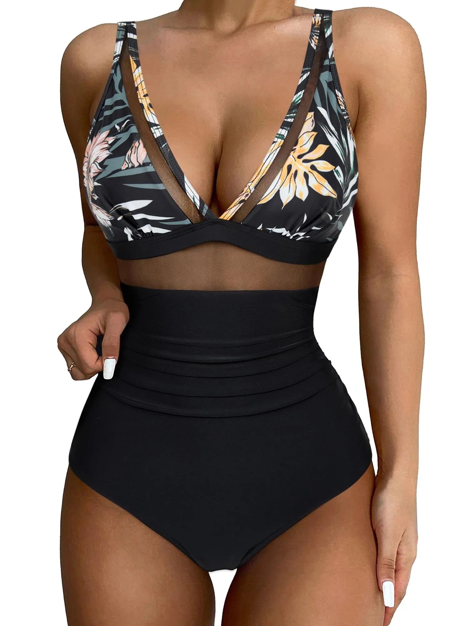 Mesh One Pieces Bathing Suit-Swimwear-SUUKSESS-Black-pink Floral-S-SUUKSESS