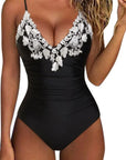 SUUKSESS Women Lace One Piece Swimsuit Tummy Control V Neck Bathing Suit-SUUKSESS-Black-S-SUUKSESS