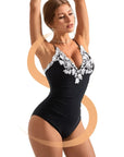SUUKSESS Women Lace One Piece Swimsuit Tummy Control V Neck Bathing Suit-SUUKSESS-SUUKSESS