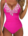 SUUKSESS Women Lace One Piece Swimsuit Tummy Control V Neck Bathing Suit-SUUKSESS-Hot Pink-S-SUUKSESS