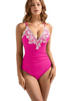SUUKSESS Women Lace One Piece Swimsuit Tummy Control V Neck Bathing Suit-SUUKSESS-SUUKSESS