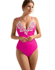 SUUKSESS Women Lace One Piece Swimsuit Tummy Control V Neck Bathing Suit-SUUKSESS-SUUKSESS