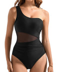 SUUKSESS Women Mesh One Shoulder One Piece Swimsuit Tummy Control Bathing Suit-SUUKSESS-Black-S-SUUKSESS