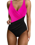 SUUKSESS Women Retro One Piece Swimsuit Sexy Tummy Control Bathing Suit-SUUKSESS-Hot Pink Black-S-SUUKSESS