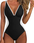 SUUKSESS Women One Piece Swimsuit Slimming Tummy Control Deep V Neck Bathing Suit-SUUKSESS-Black White-S-SUUKSESS
