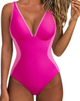 SUUKSESS Women One Piece Swimsuit Slimming Tummy Control Deep V Neck Bathing Suit-SUUKSESS-Pink Colorblock-S-SUUKSESS