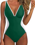 SUUKSESS Women One Piece Swimsuit Slimming Tummy Control Deep V Neck Bathing Suit-SUUKSESS-Green White-S-SUUKSESS