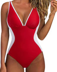 SUUKSESS Women One Piece Swimsuit Slimming Tummy Control Deep V Neck Bathing Suit-SUUKSESS-Red-S-SUUKSESS