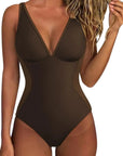 SUUKSESS Women One Piece Swimsuit Slimming Tummy Control Deep V Neck Bathing Suit-SUUKSESS-Brown White-S-SUUKSESS