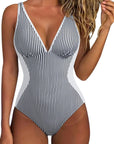 SUUKSESS Women One Piece Swimsuit Slimming Tummy Control Deep V Neck Bathing Suit-SUUKSESS-White Black Striped-S-SUUKSESS