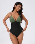 SUUKSESS Women Tummy Control One Piece Swimsuit Sexy V Neck Push Up Bathing Suit-SUUKSESS-Green Black-S-SUUKSESS