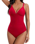 SUUKSESS Women Tummy Control One Piece Swimsuit Sexy V Neck Push Up Bathing Suit-SUUKSESS-SUUKSESS