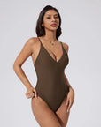 V Open Back One Piece Swimsuits-SUUKSESS-Brown-S-SUUKSESS