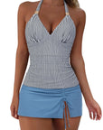 SUUKSESS Women Tummy Control Tankini Swimsuit Sexy Halter Bathing Suit 2 Piece-SUUKSESS-White Black Striped Blue-S-SUUKSESS