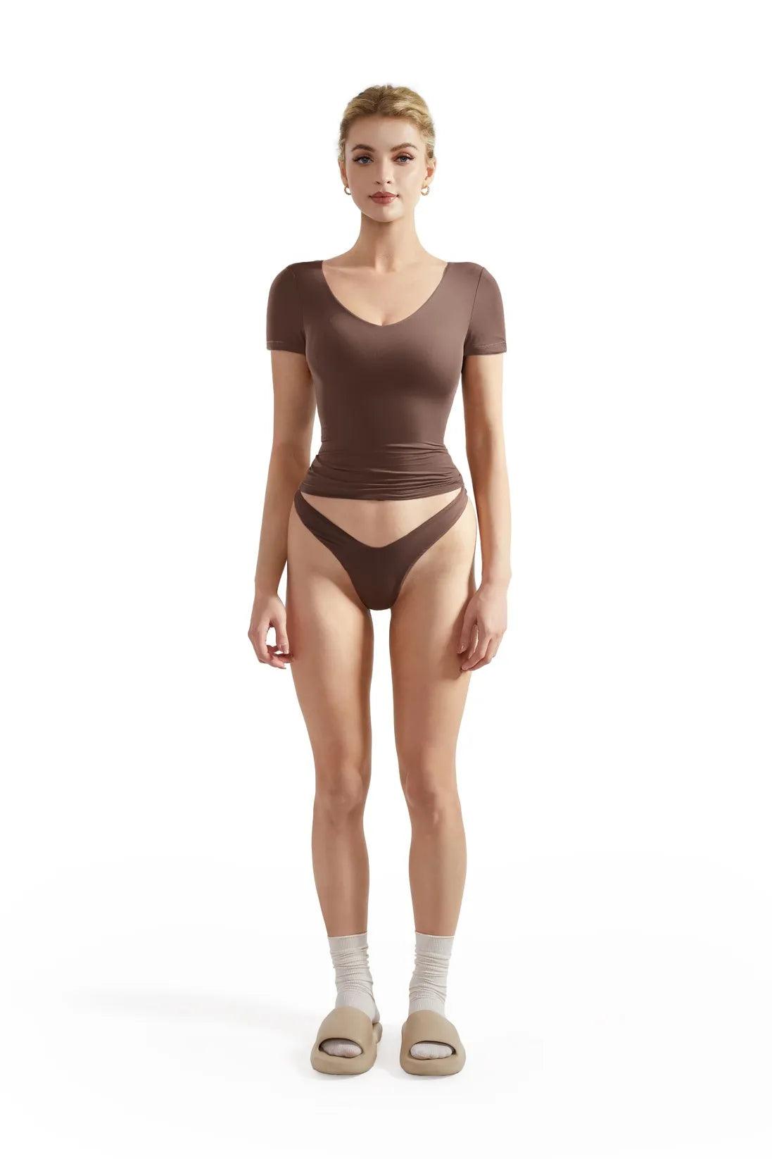 Buttery Soft V Neck Shirt - Short Sleeve-Clothing-SUUKSESS-Brown-XS-SUUKSESS