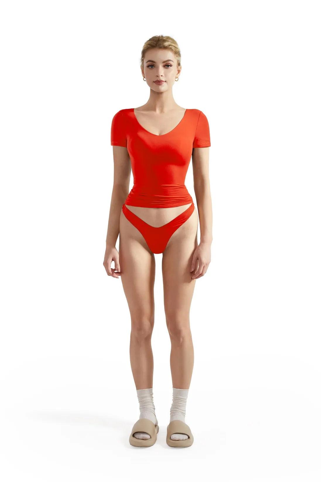 Buttery Soft V Neck Shirt - Short Sleeve-Clothing-SUUKSESS-Red-XS-SUUKSESS