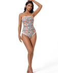 SUUKSESS Women One Piece Tummy Control Swimsuit Strapless Bandeau Bathing Suit-SUUKSESS-Yellow Floral-S-SUUKSESS