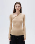 SUUKSESS Modal Cashmere Long Sleeve T Shirts for Women Ultralight Fall Fashion 2025 Trendy Asymmetric Neck Casual Tops-SUUKSESS-Kahaki-XS-SUUKSESS
