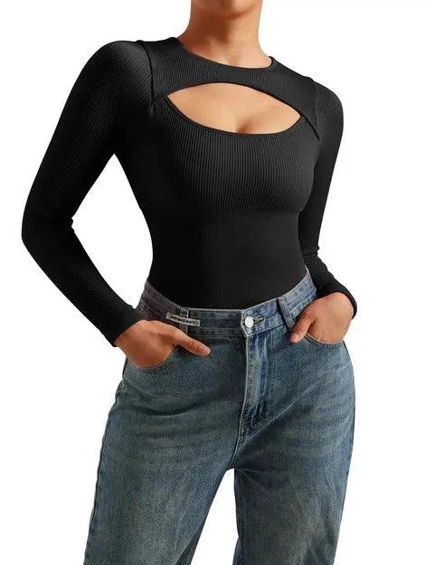 Ribbed Cutout Bodysuit - Long Sleeve