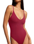 Padded V Neck Thong Bodysuit-SUUKSESS-Wine-XS-SUUKSESS