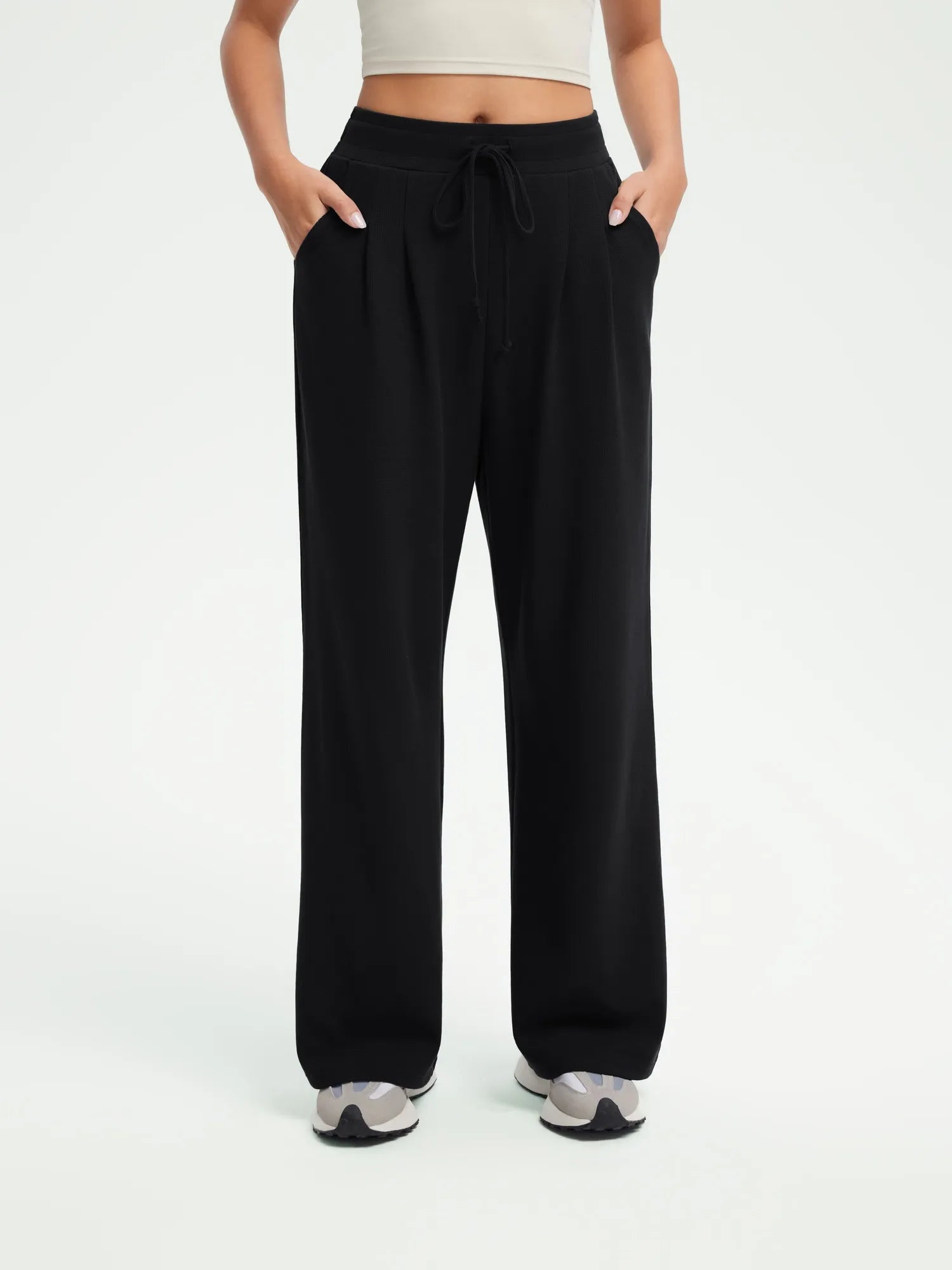 SUUKSESS Women Wide Leg Work Pants High Waisted Drawstring Waffle Knit Trousers-SUUKSESS-SUUKSESS