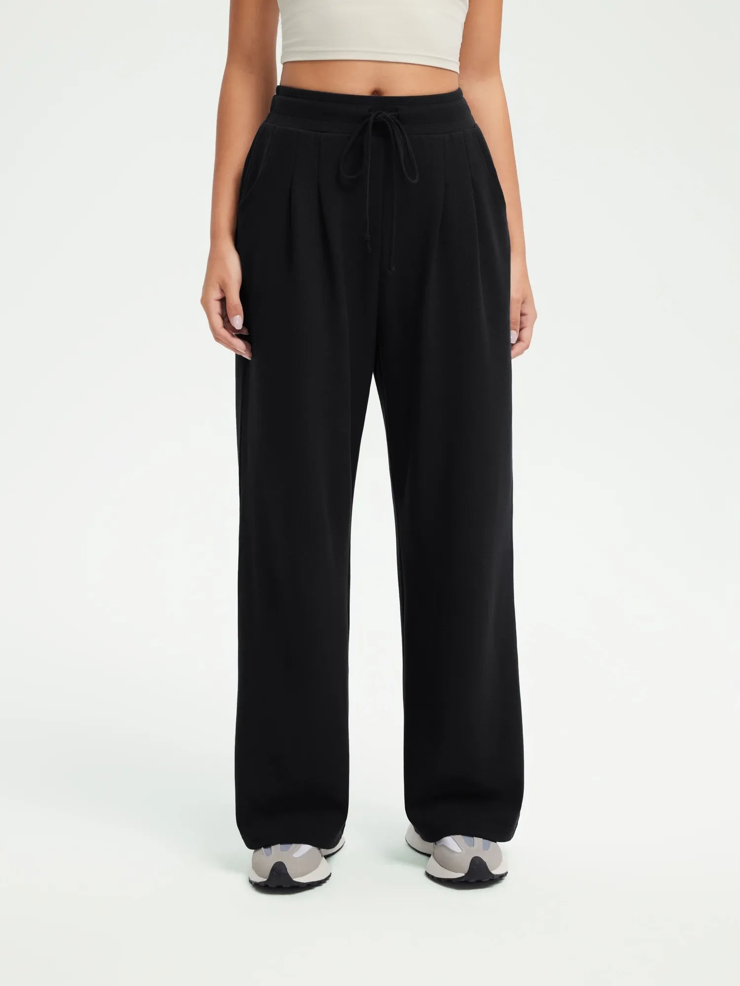 SUUKSESS Women Wide Leg Work Pants High Waisted Drawstring Waffle Knit Trousers-SUUKSESS-SUUKSESS