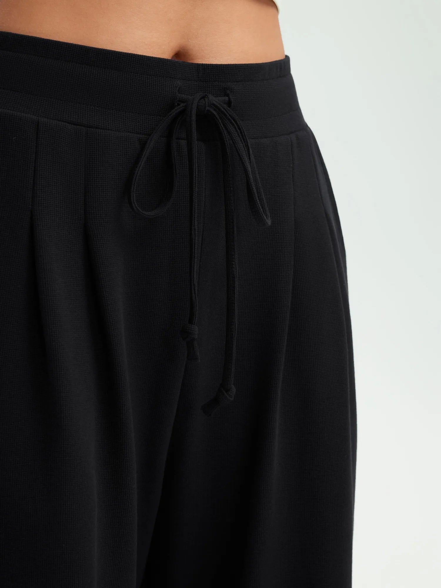 SUUKSESS Women Wide Leg Work Pants High Waisted Drawstring Waffle Knit Trousers-SUUKSESS-SUUKSESS