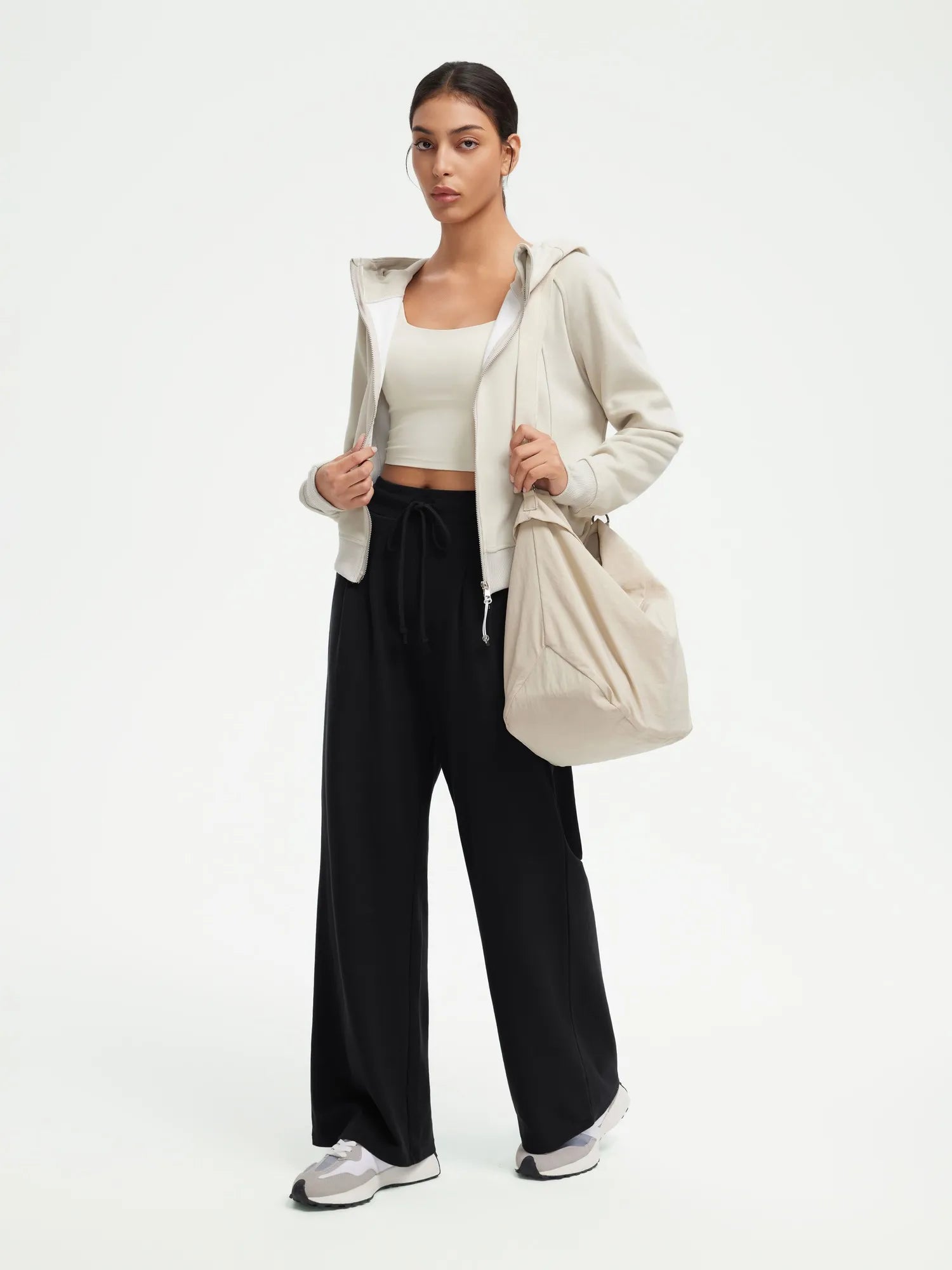 SUUKSESS Women Wide Leg Work Pants High Waisted Drawstring Waffle Knit Trousers-SUUKSESS-SUUKSESS