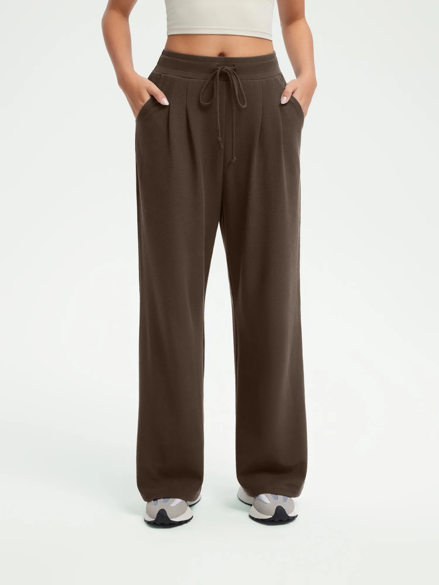 SUUKSESS Women Wide Leg Work Pants High Waisted Drawstring Waffle Knit Trousers-SUUKSESS-SUUKSESS