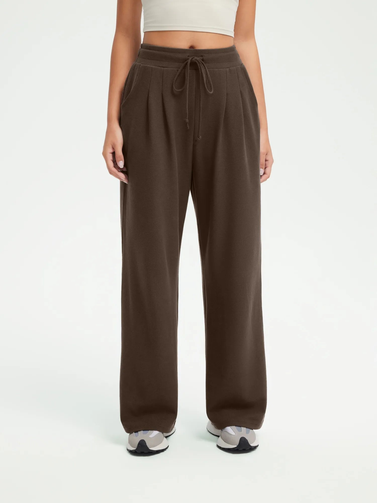 SUUKSESS Women Wide Leg Work Pants High Waisted Drawstring Waffle Knit Trousers-SUUKSESS-SUUKSESS