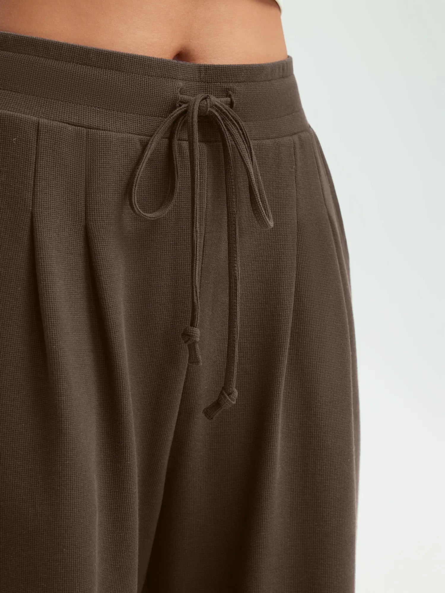 SUUKSESS Women Wide Leg Work Pants High Waisted Drawstring Waffle Knit Trousers-SUUKSESS-SUUKSESS