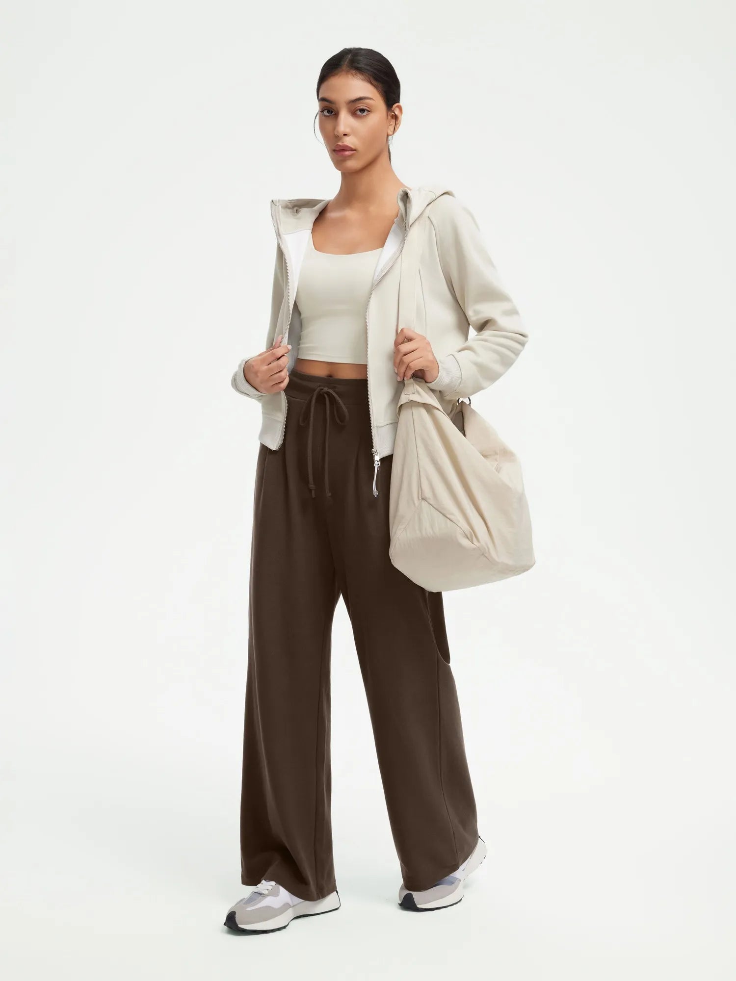 SUUKSESS Women Wide Leg Work Pants High Waisted Drawstring Waffle Knit Trousers-SUUKSESS-SUUKSESS