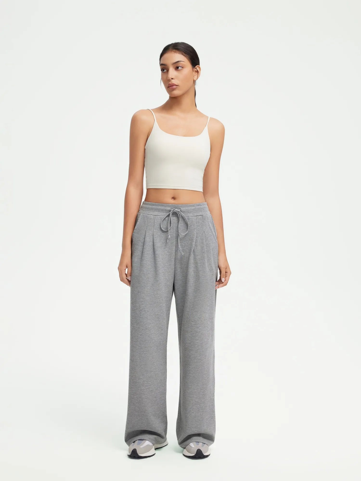 SUUKSESS Women Wide Leg Work Pants High Waisted Drawstring Waffle Knit Trousers-SUUKSESS-Grey-XS-SUUKSESS