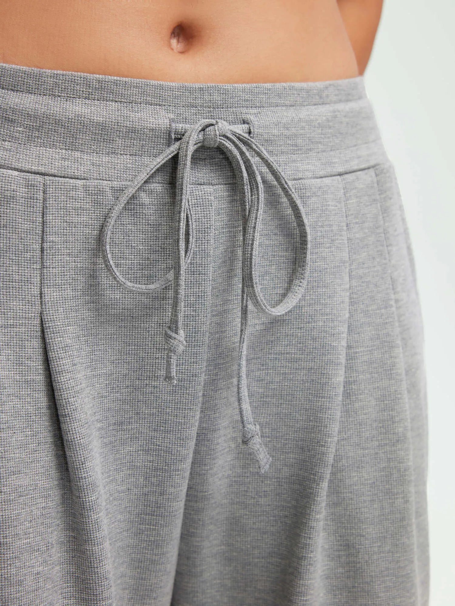 SUUKSESS Women Wide Leg Work Pants High Waisted Drawstring Waffle Knit Trousers-SUUKSESS-SUUKSESS